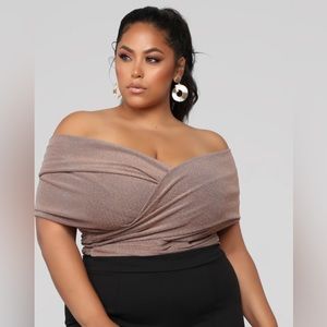 Fashion Nova Sexy Ex Sir Rose Gold Glitter off the shoulder bodysuit Top